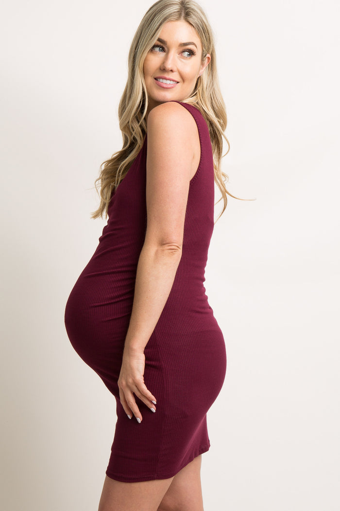 PinkBlush Burgundy Ribbed Ruched Sleeveless Maternity Dress