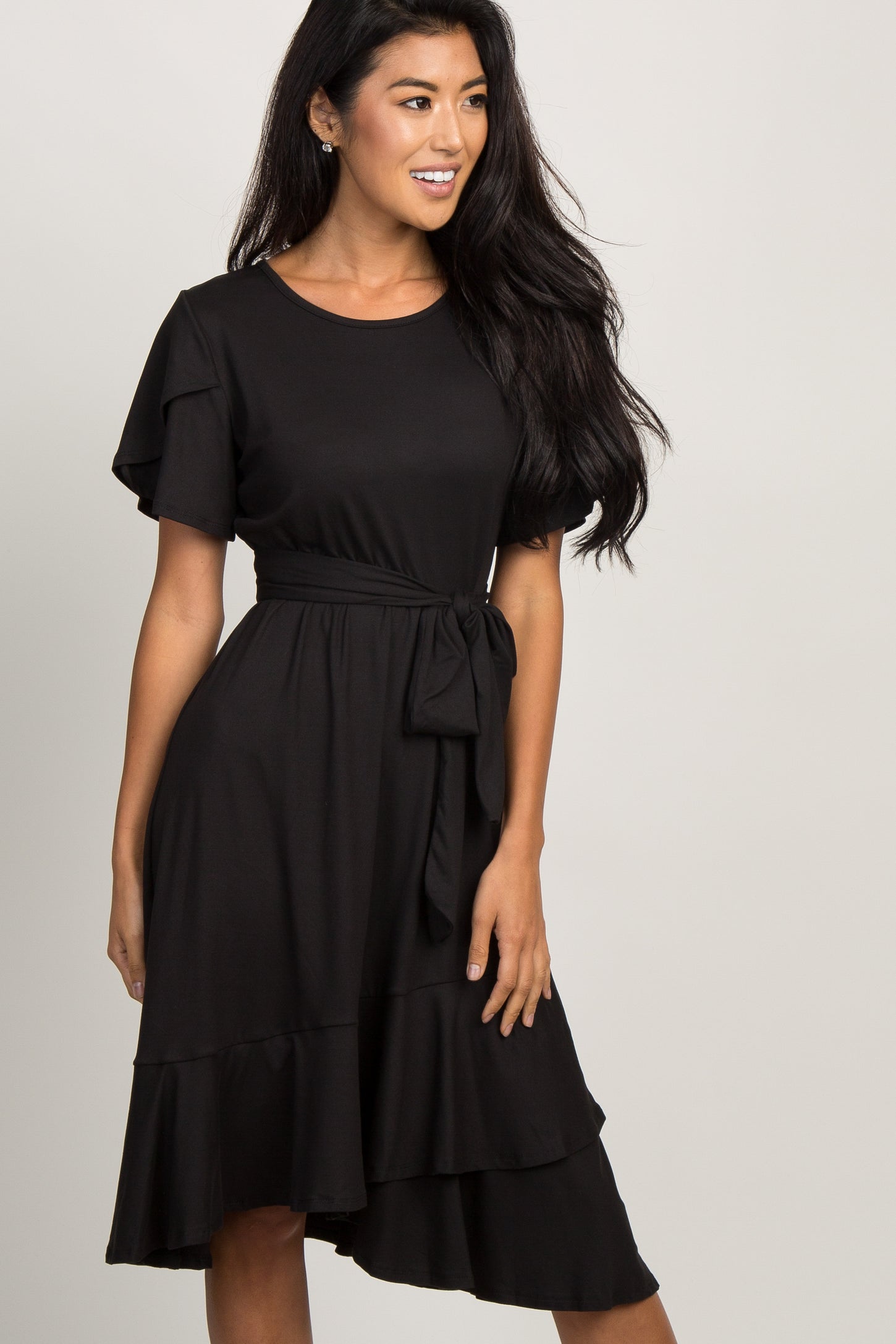 Black Solid Flounce Trim Maternity Dress