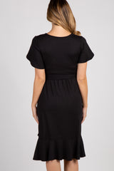 Black Solid Flounce Trim Maternity Dress