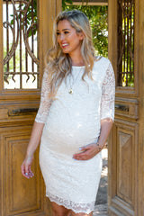 Ivory Lace Fitted 3/4 Sleeve Maternity Dress