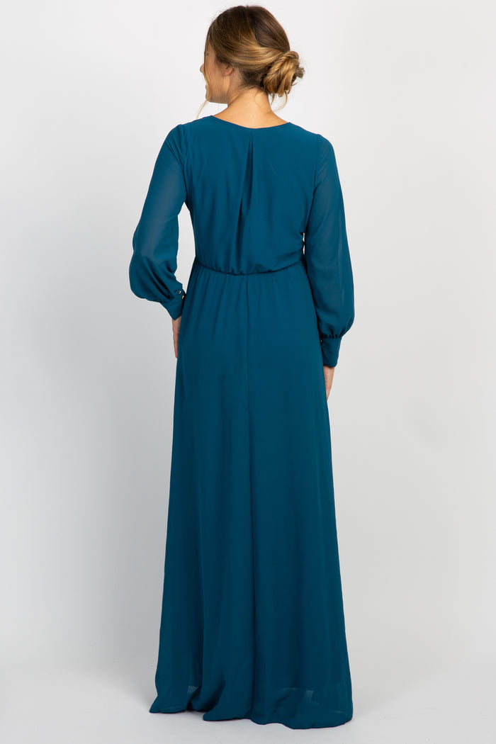 Teal Chiffon Long Sleeve Pleated Maternity Maxi Dress
