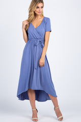 Slate Blue Solid Hi-Low Maternity Wrap Dress