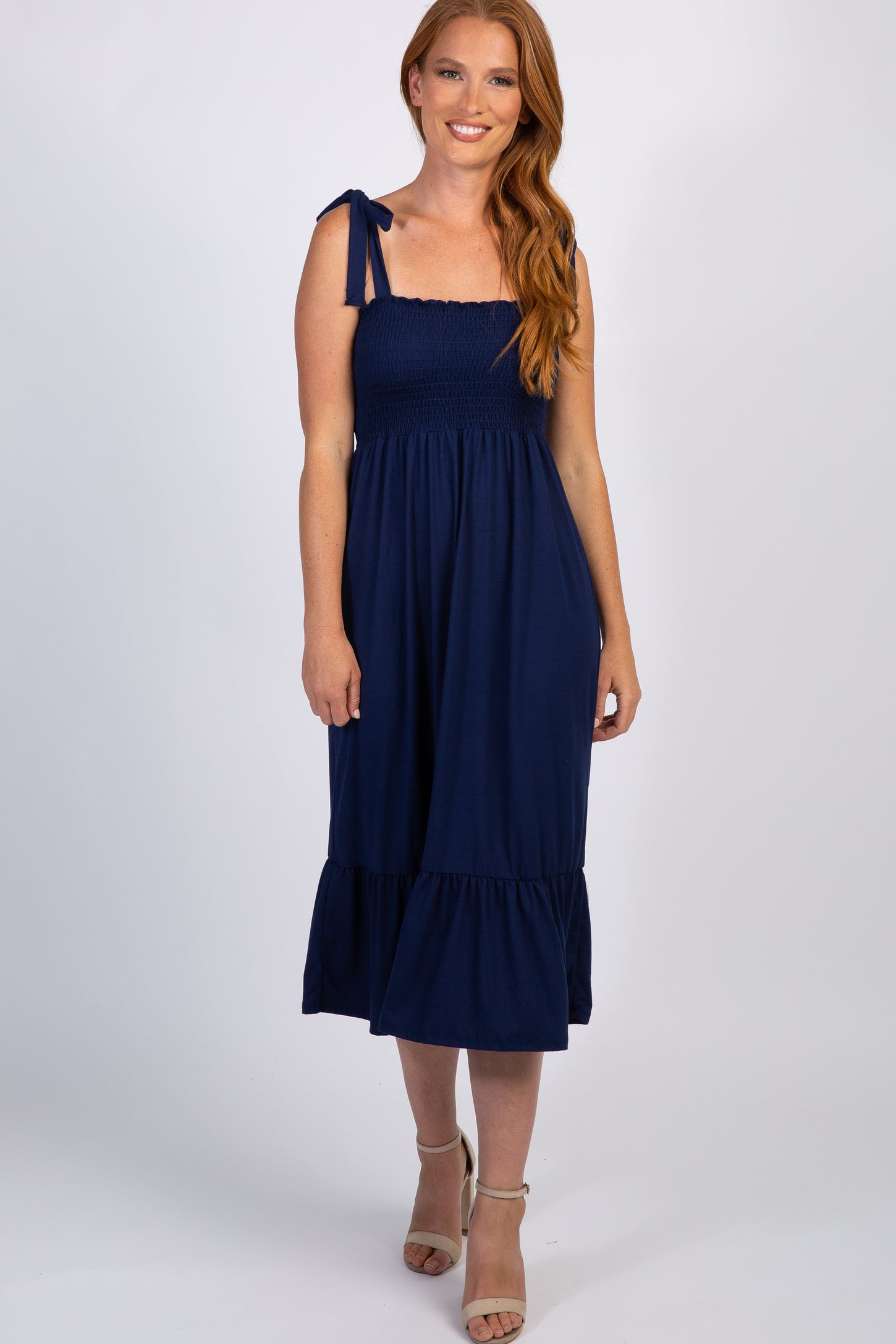 Navy Solid Self-Tie Smocked Maternity Midi Dress