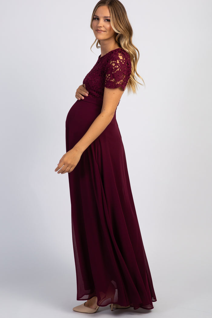 Burgundy Crochet Top Open Back Maternity Evening Gown