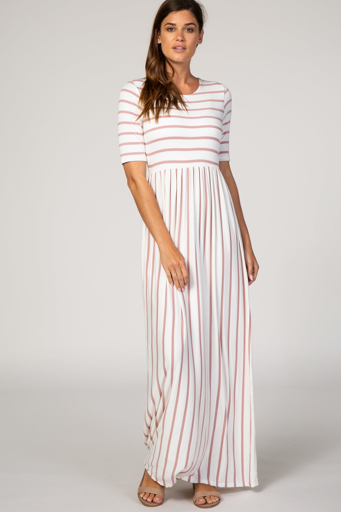 PinkBlush Mauve Striped Half Sleeve Maternity Maxi Dress