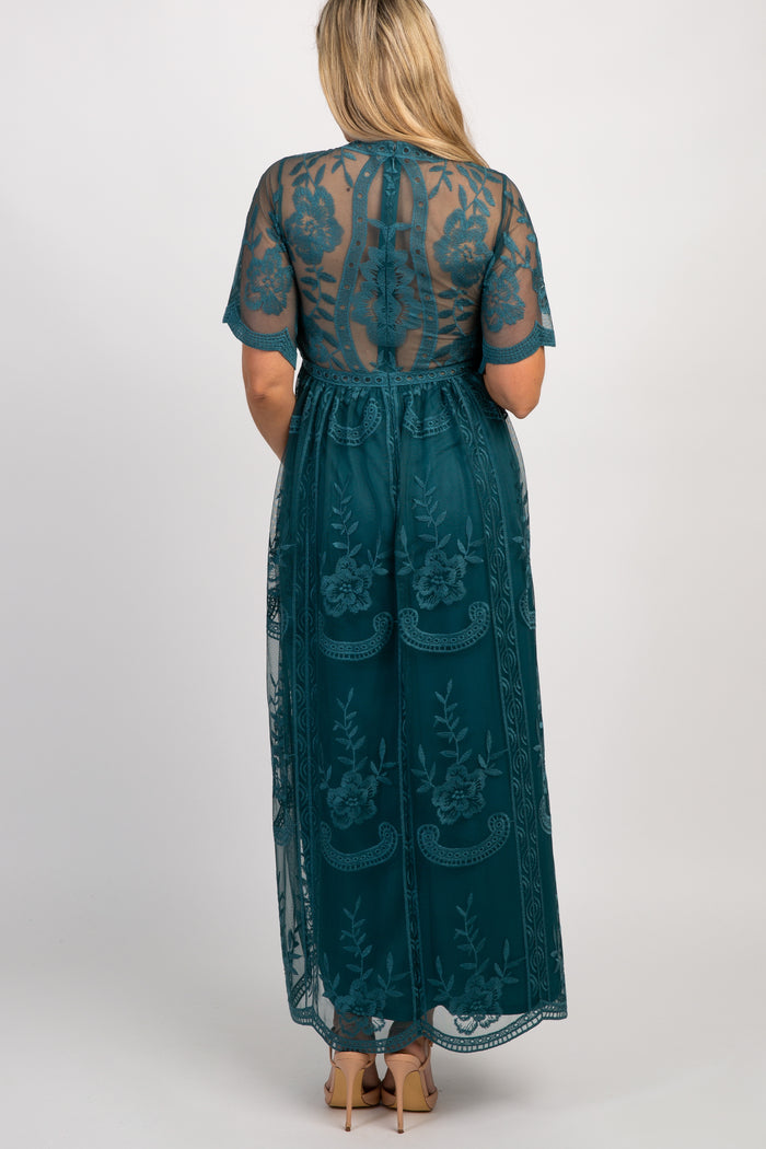 Dark Turquoise Lace Mesh Overlay Maternity Maxi Dress