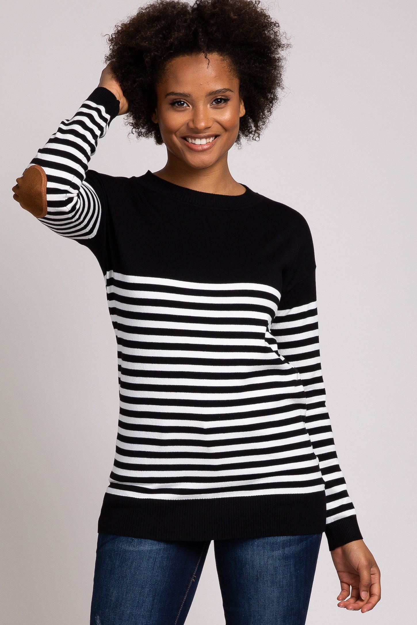 PinkBlush Black Striped Elbow Patch Knit Maternity Sweater
