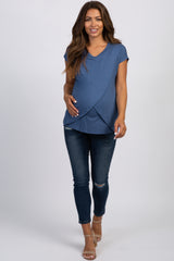PinkBlush Blue Layered Wrap Front Maternity Nursing Top