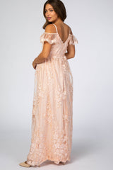 Light Pink Floral Embroidered Mesh Maternity Evening Gown