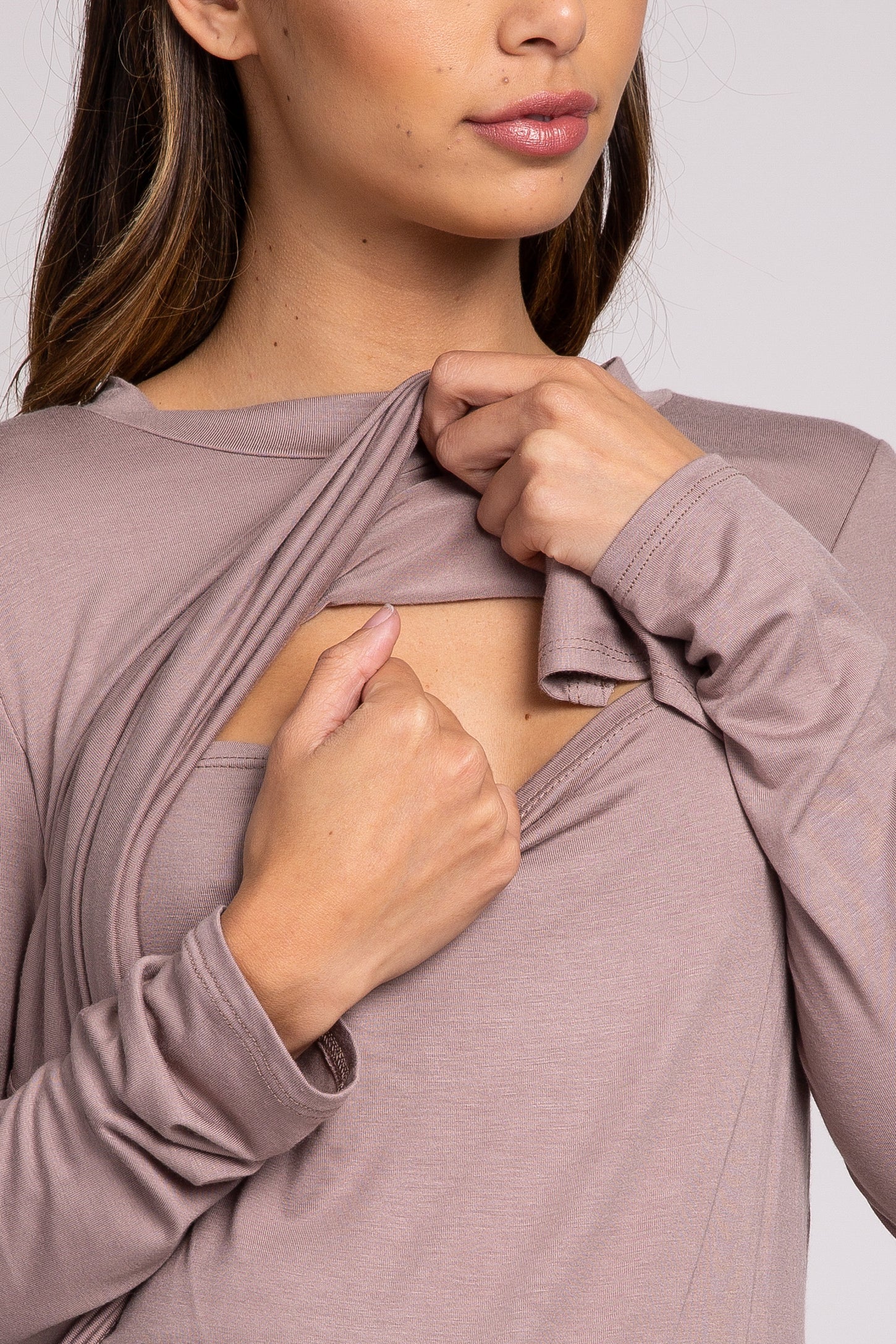 PinkBlush Taupe Solid Layered Front Long Sleeve Maternity/Nursing Top