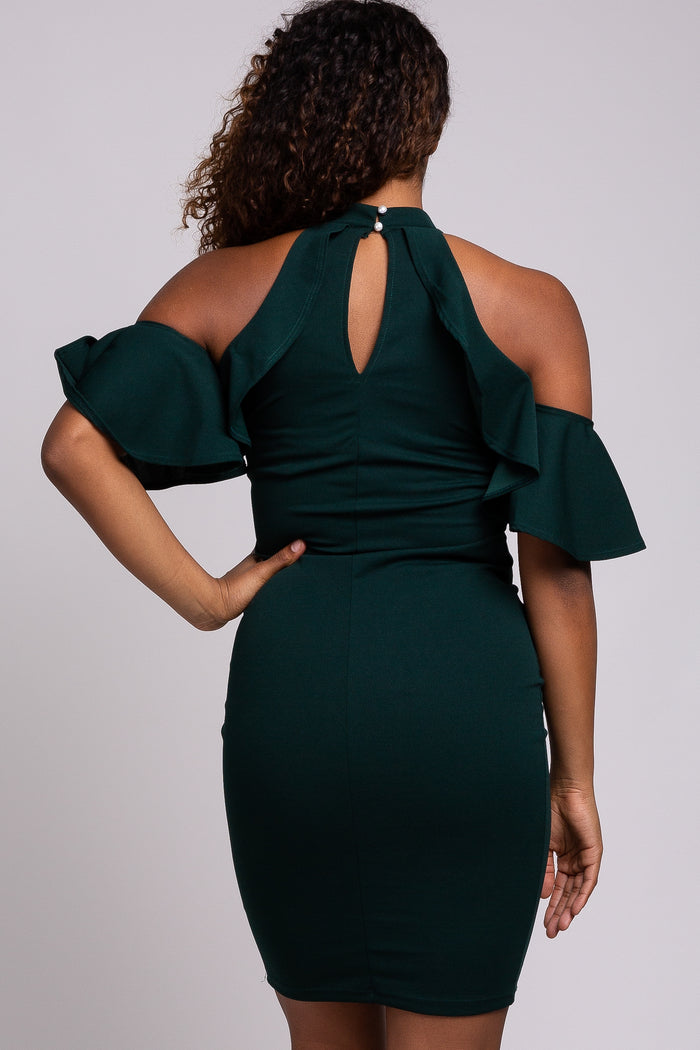 PinkBlush Forest Green Cold Shoulder Ruffle Detail High Neck Fitted Maternity Dress