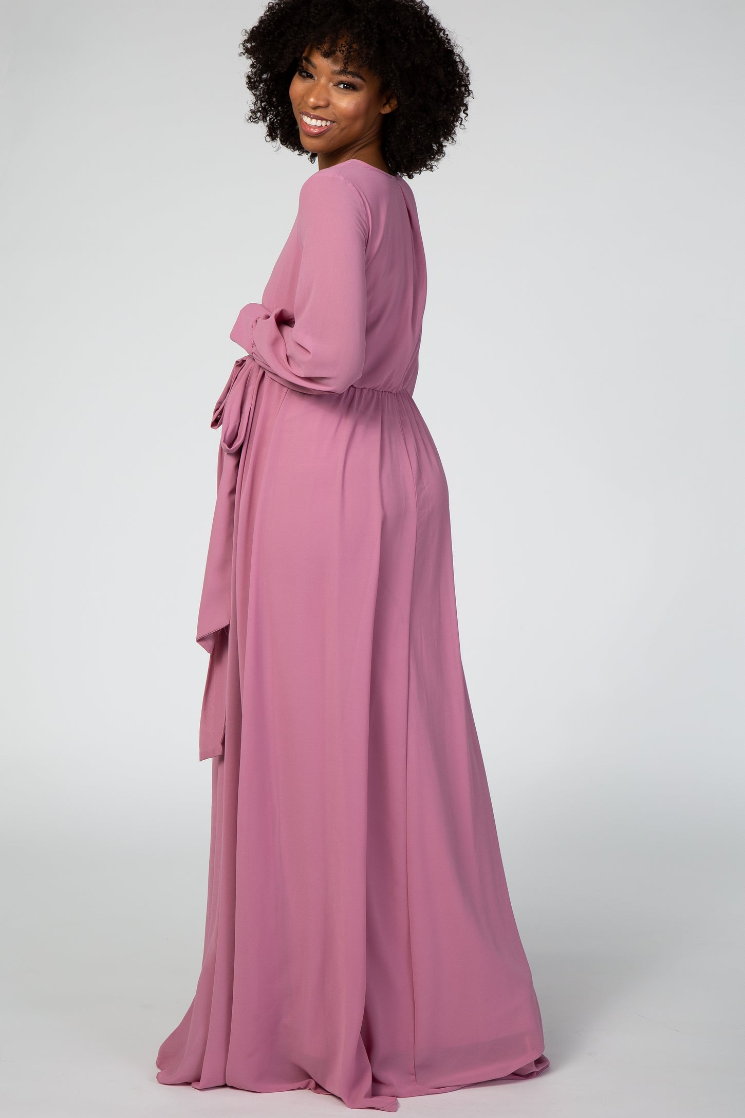Lavender Chiffon Long Sleeve Maternity Maxi Dress