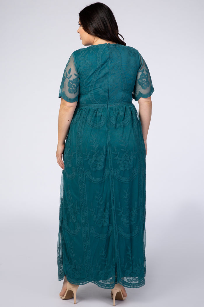PinkBlush Teal Lace Mesh Overlay Plus Maxi Dress