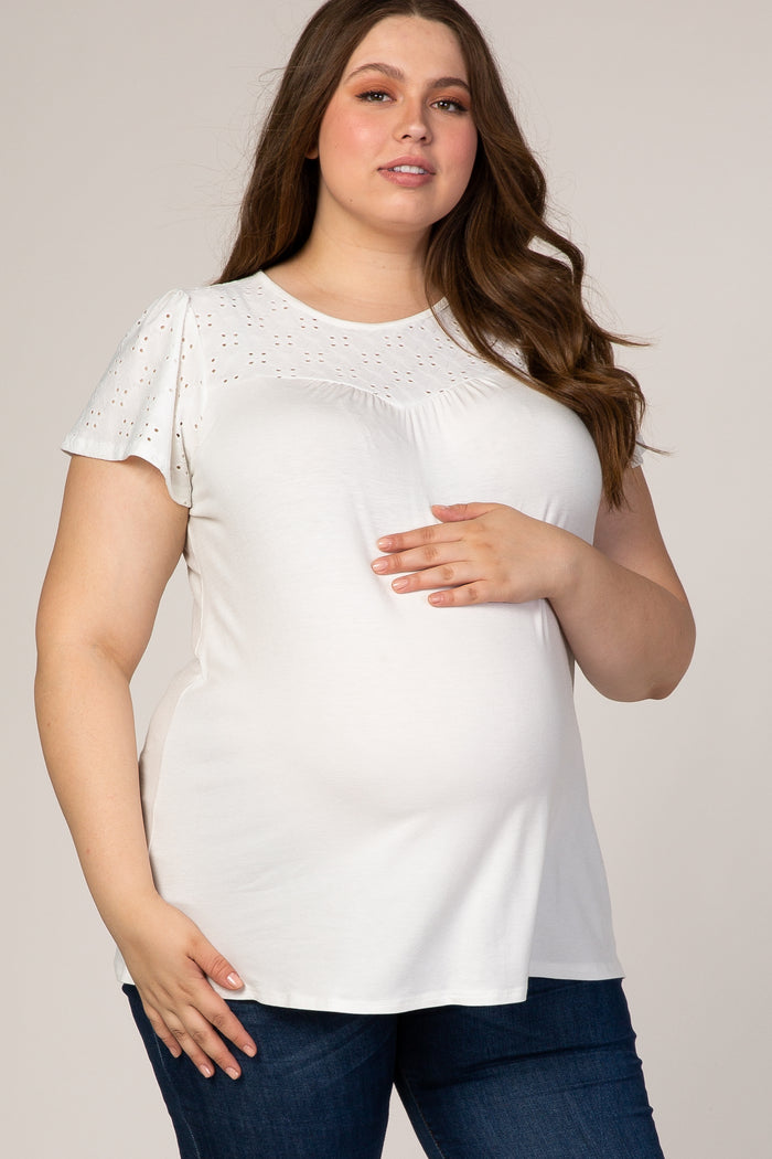 PinkBlush Ivory Eyelet Short Flutter Sleeve Plus Maternity Top