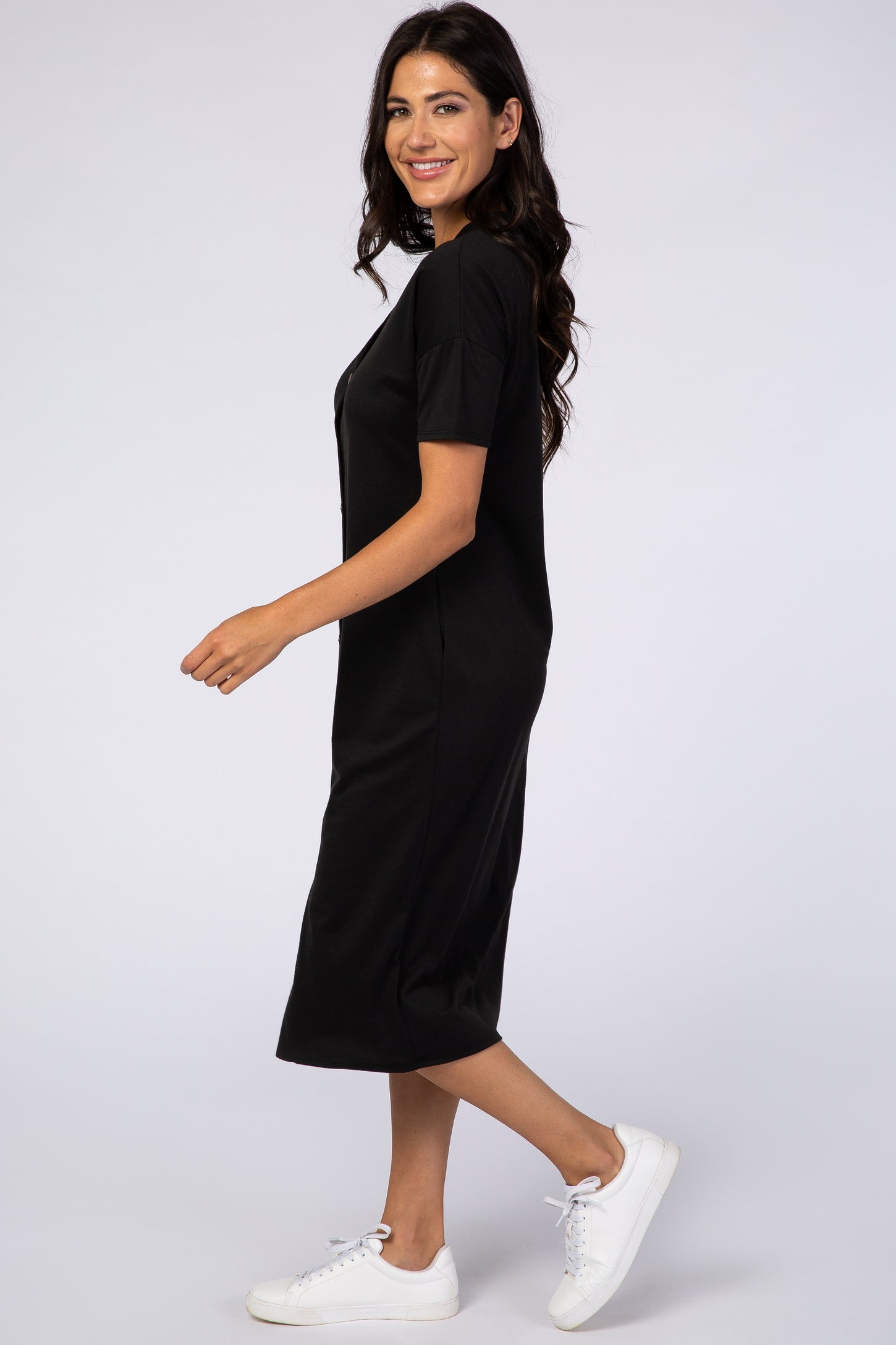 Black Short Sleeve V-Neck Button Detail Midi Dress