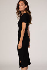 Black Fitted Short Sleeve Midi Dress