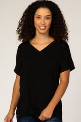 Black V-Neck Cuffed Short Sleeve Top