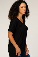Black V-Neck Cuffed Short Sleeve Top