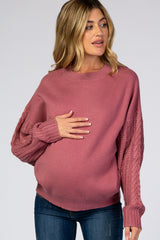 Mauve Cable Knit Sleeve Mock Neck Maternity Sweater