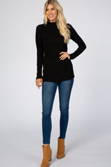 Black Ribbed Long Sleeve Mock Neck Top
