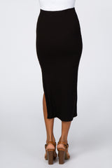 Black Ribbed Side Slit Midi Skirt