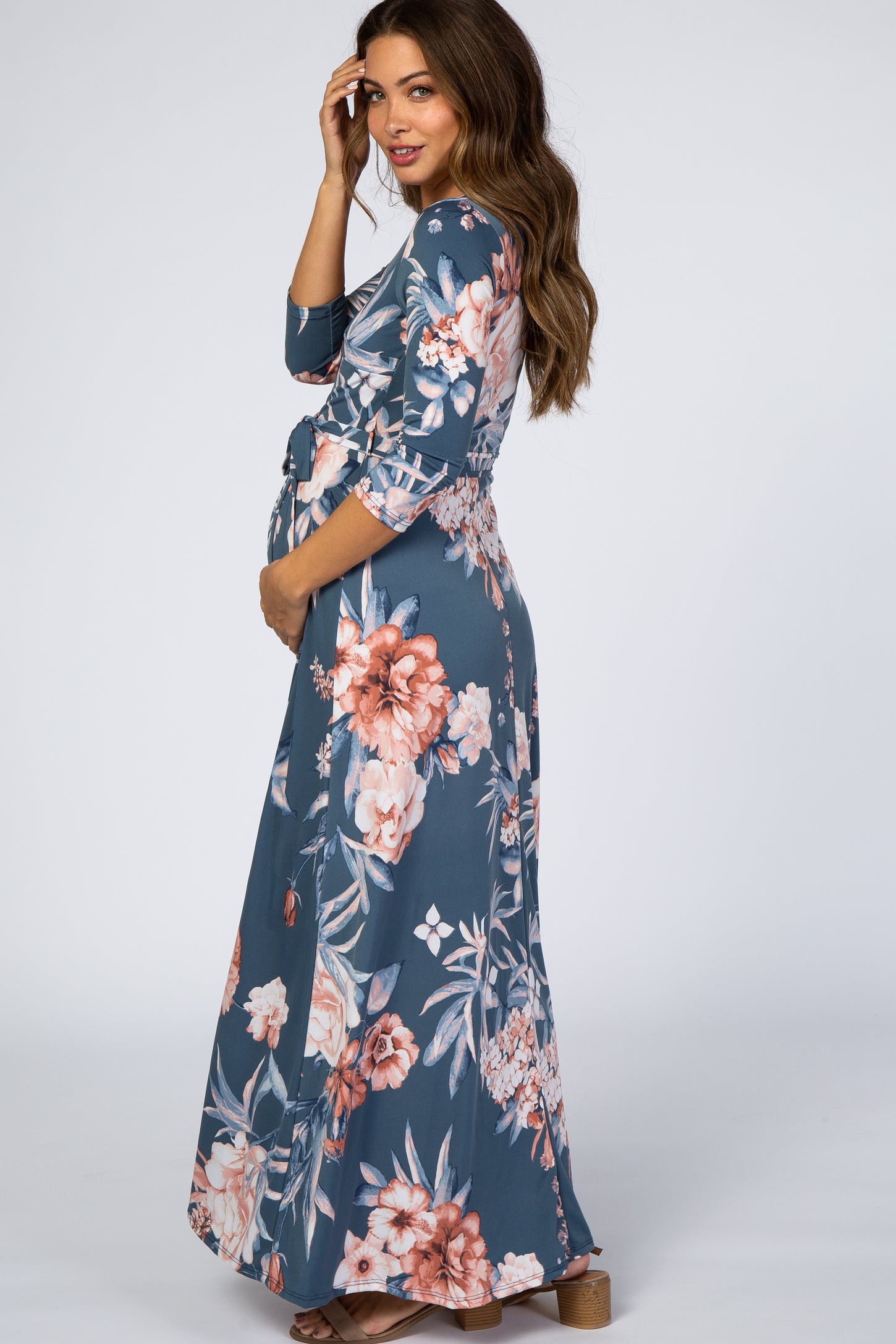 Blue Pink Floral Wrap Maternity Maxi Dress