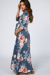 Blue Pink Floral Wrap Maternity Maxi Dress