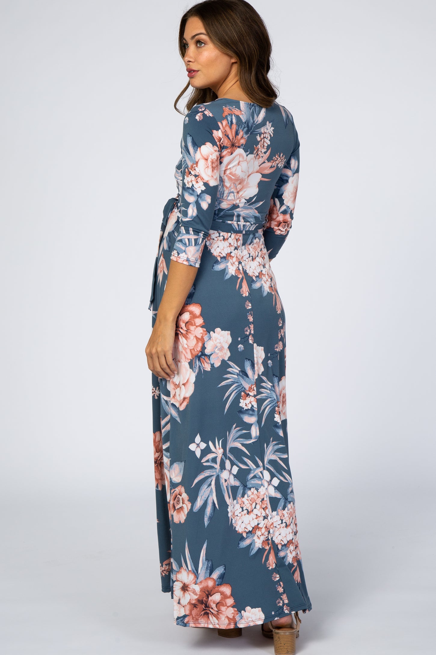 Blue Pink Floral Wrap Maternity Maxi Dress