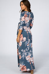 Blue Pink Floral Wrap Maternity Maxi Dress