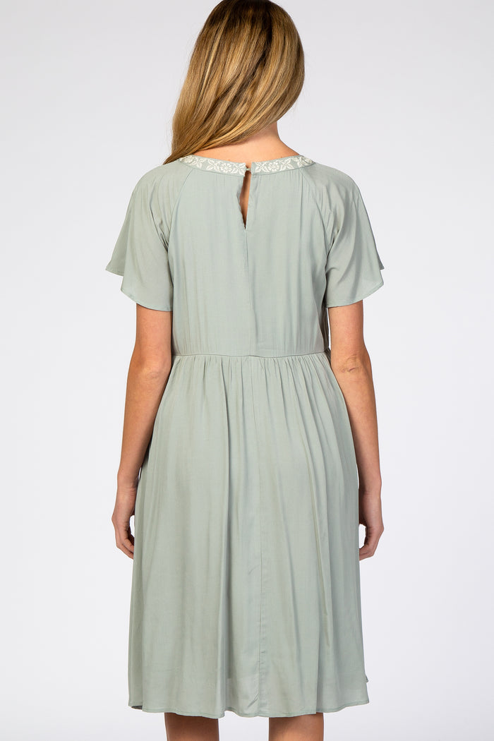 Light Olive Floral Embroidered Maternity Dress