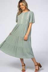 Light Olive Floral Embroidered Tiered Midi Dress