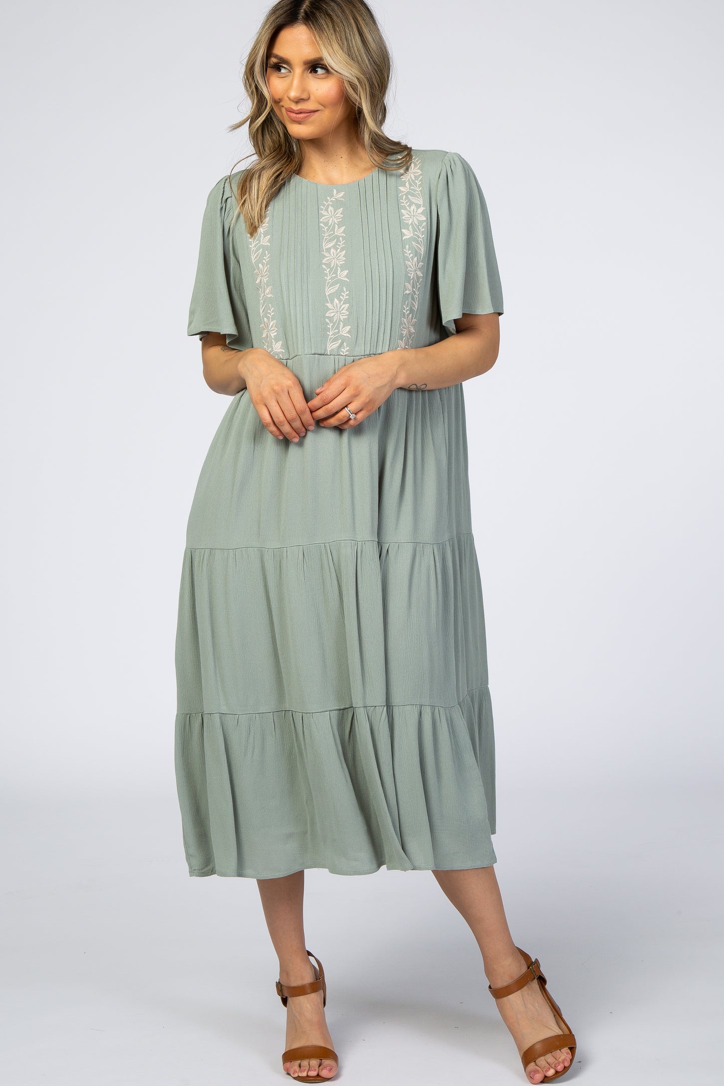 Light Olive Floral Embroidered Tiered Midi Dress