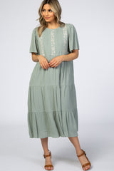 Light Olive Floral Embroidered Tiered Midi Dress