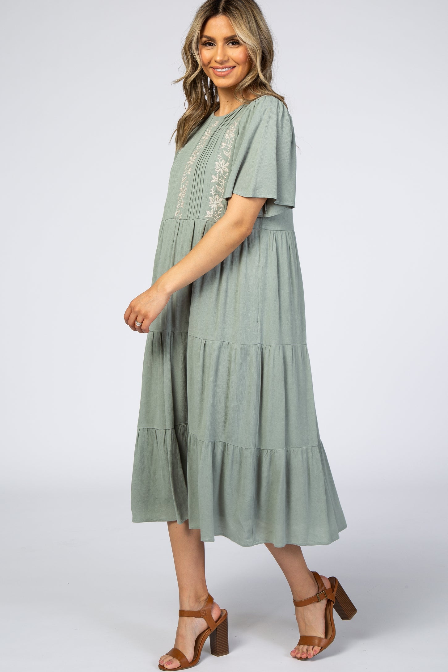 Light Olive Floral Embroidered Tiered Midi Dress