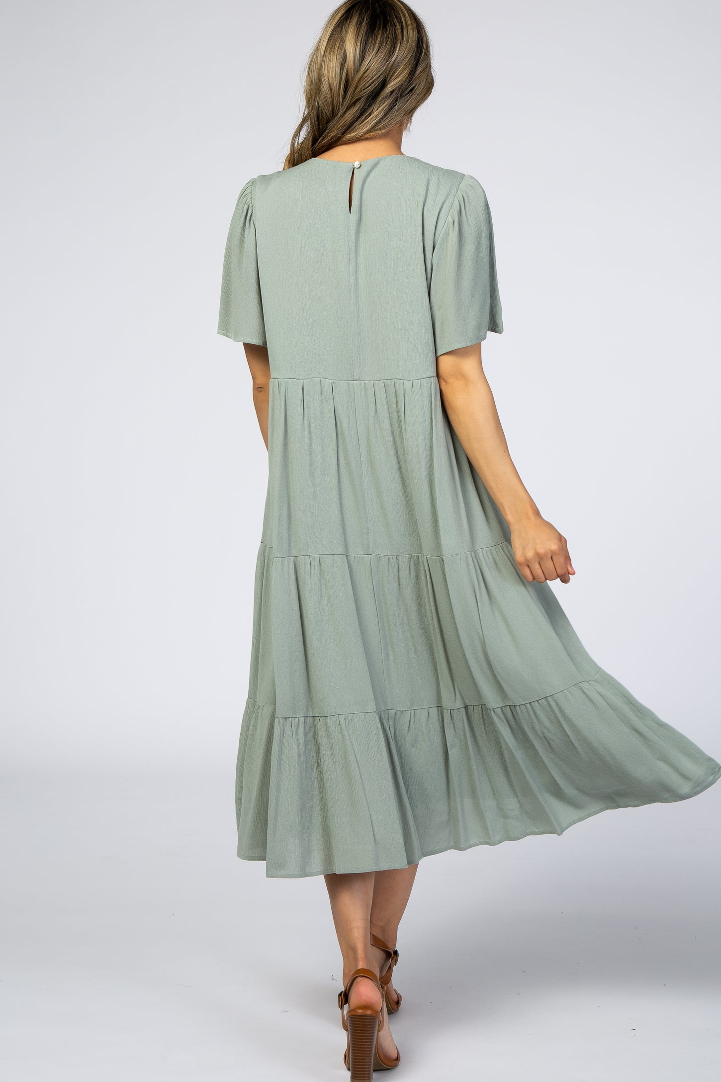 Light Olive Floral Embroidered Tiered Midi Dress