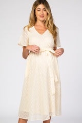 Ivory Textured Chiffon Waist Tie Maternity Midi Dress