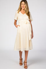 Ivory Textured Chiffon Waist Tie Maternity Midi Dress