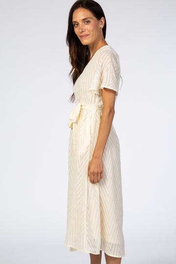 Ivory Textured Chiffon Waist Tie Midi Dress
