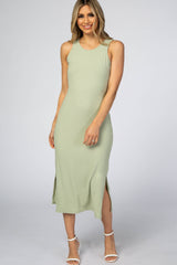 Light Green Ribbed Sleeveless Fitted Midi Maternity Dress