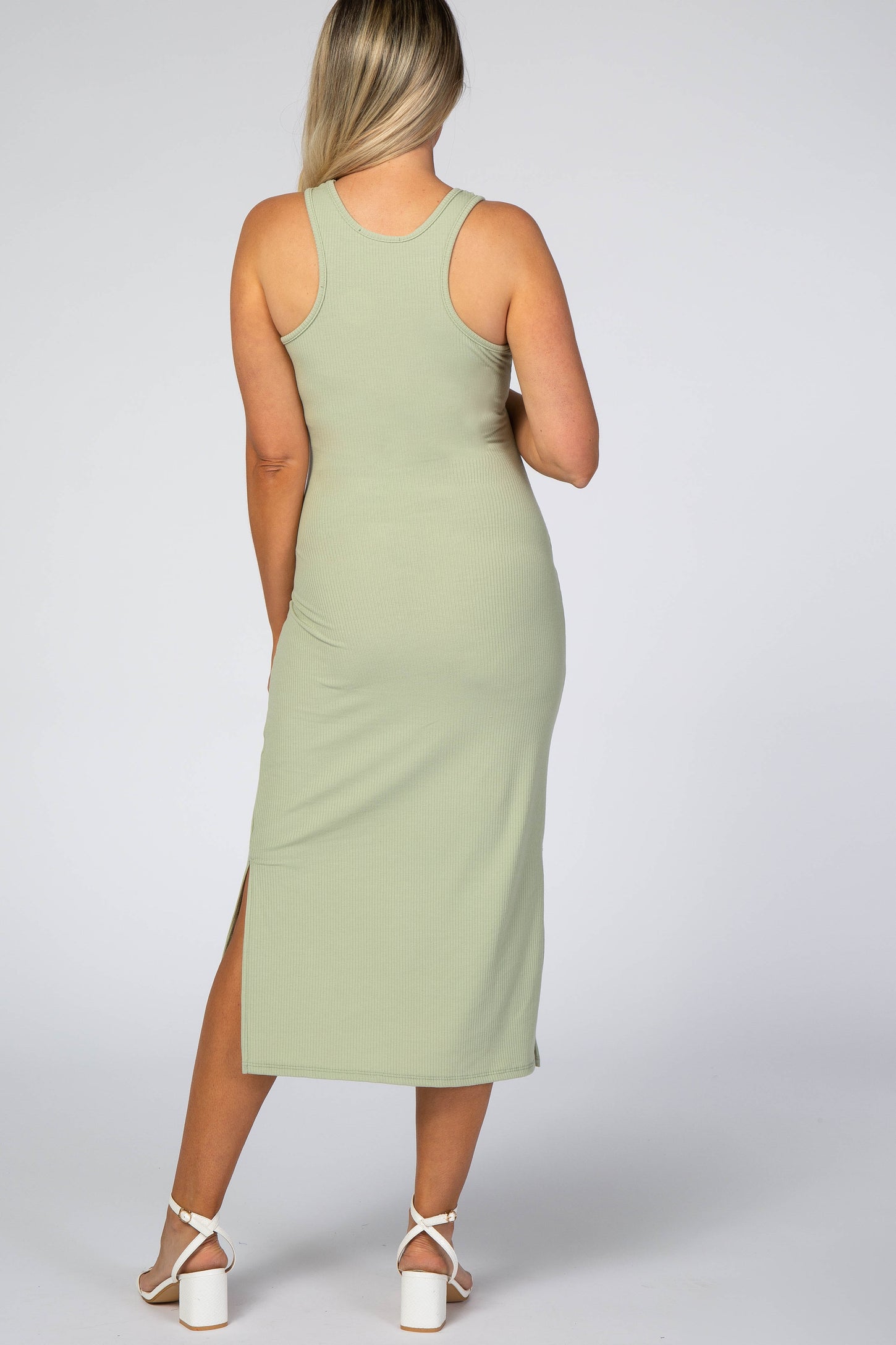Light Green Ribbed Sleeveless Fitted Midi Maternity Dress