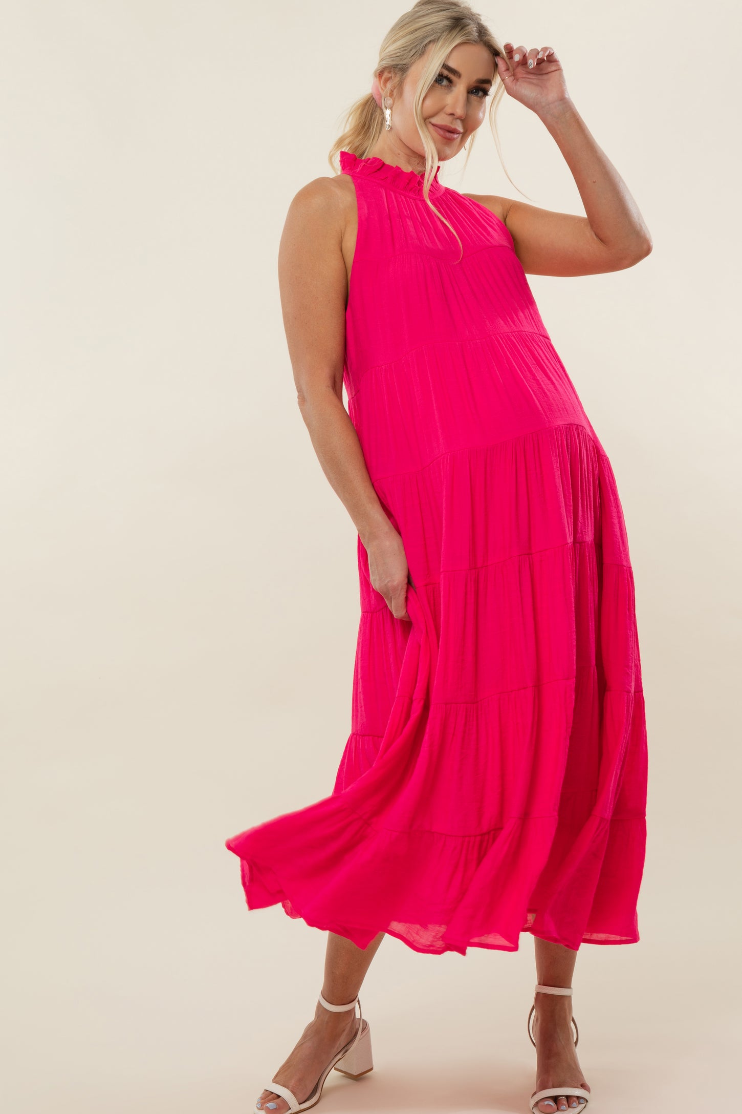 Fuchsia Tiered High Neck Maternity Maxi Dress