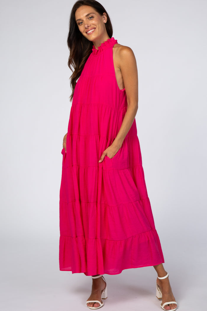 Fuchsia Tiered High Neck Maxi Dress
