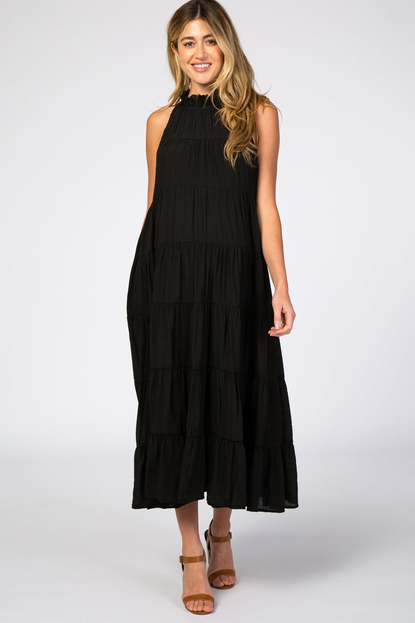 Black Tiered High Neck Maternity Maxi Dress