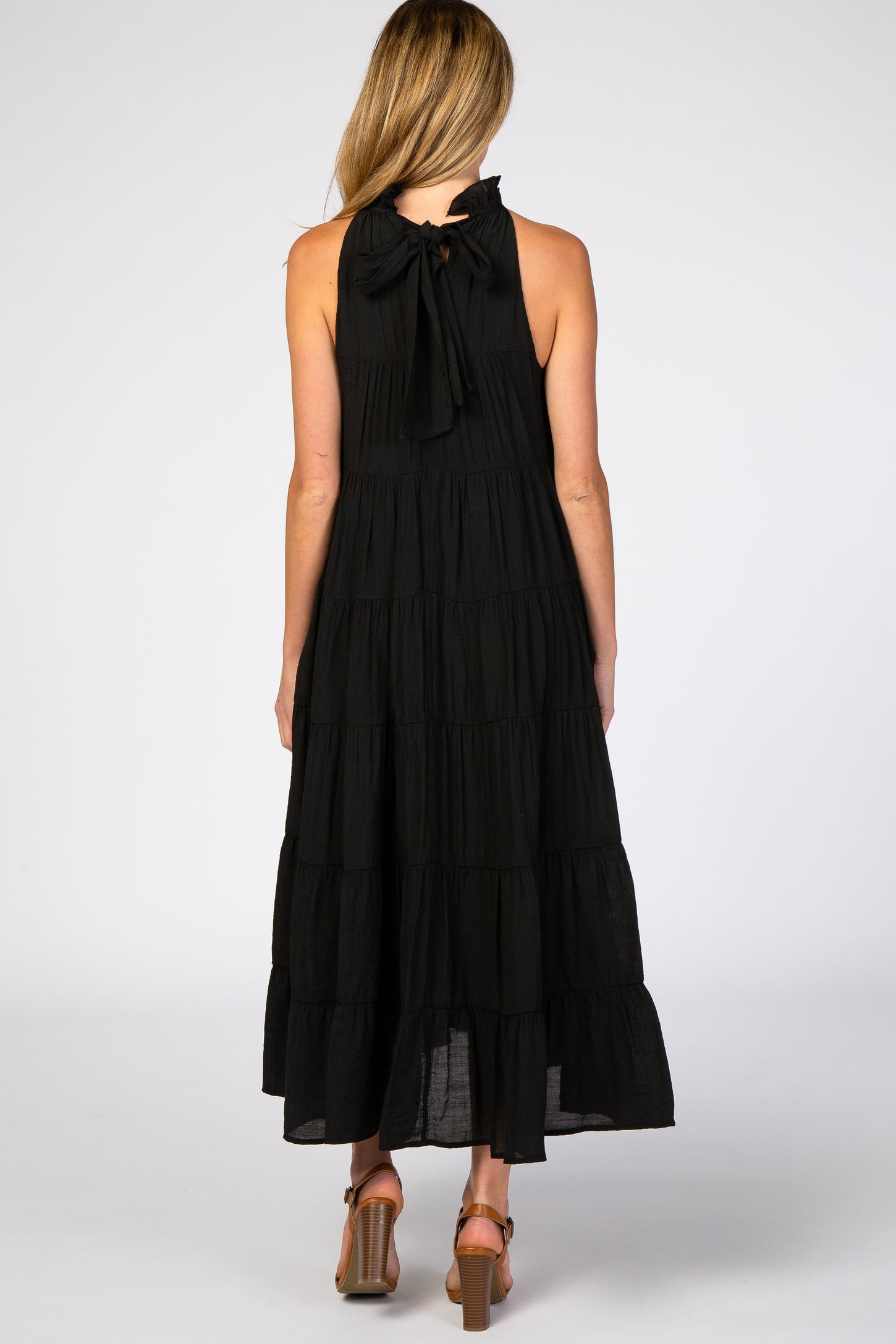 Black Tiered High Neck Maternity Maxi Dress