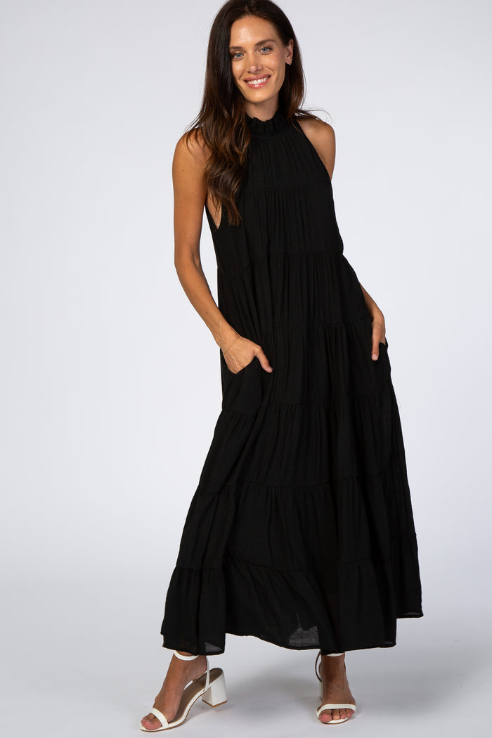 Black Tiered High Neck Maxi Dress