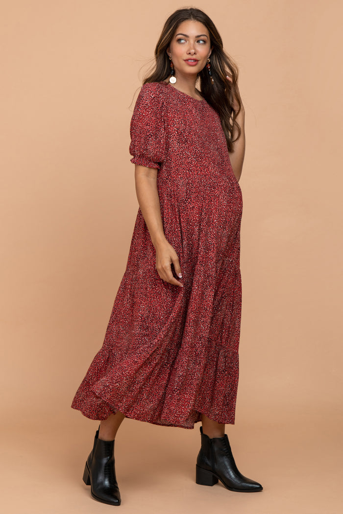 Rust Printed Tiered Maternity Midi Dress