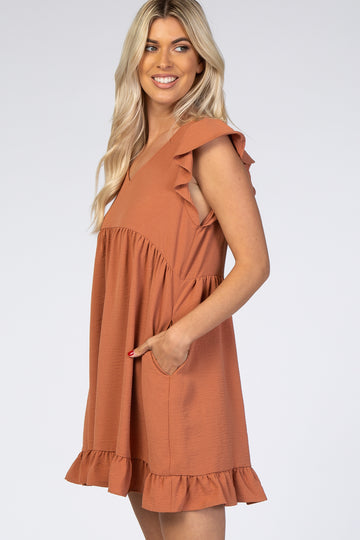 Rust Ruffle Hem V-Neck Dress