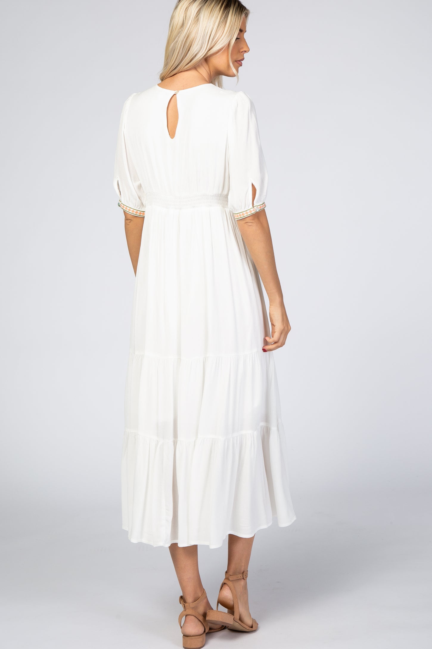 Ivory Floral Embroidered Midi Dress