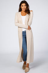 Beige Ribbed Long Sleeve Duster Cardigan