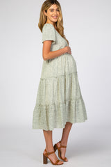 Light Olive Floral Chiffon Ruffle Hem Maternity Midi Dress